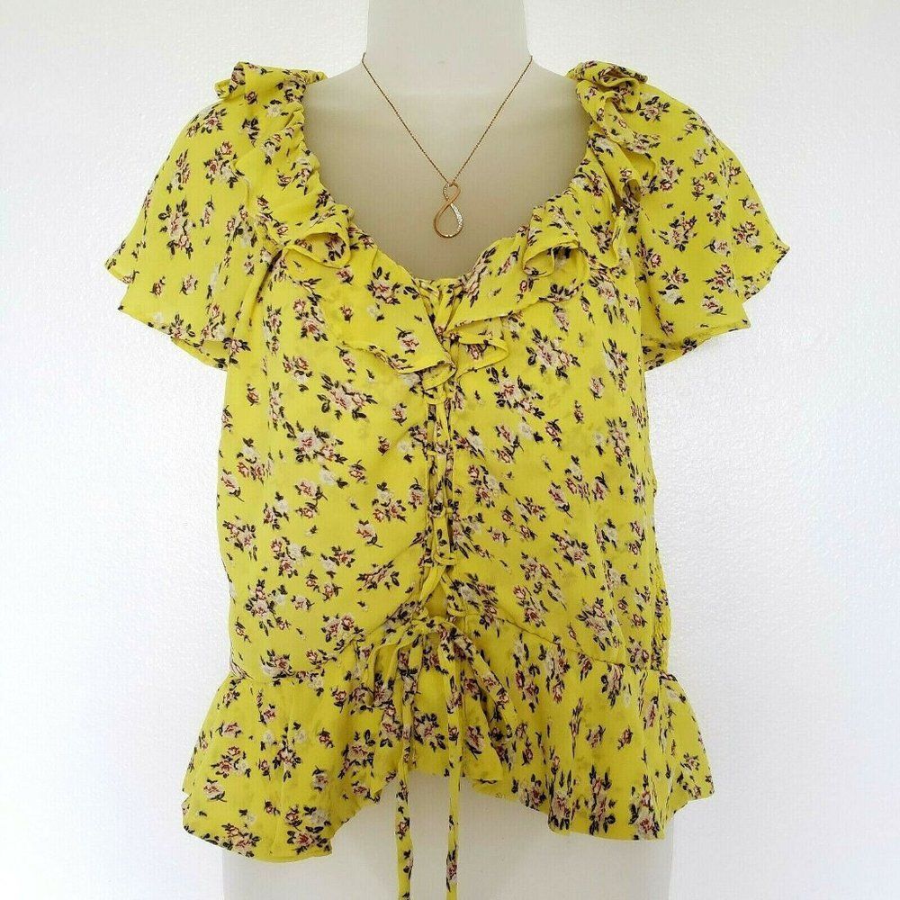 Planet Gold Blouse Yellow Ditsy Floral Womens Size XL Cottagecore Ruffle Peplum